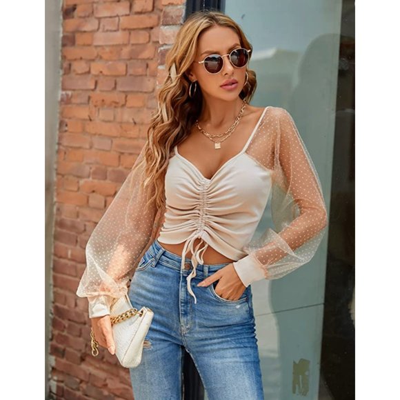 Tops - Nude Beige Knit Swiss Polka Dot Mesh Puff Sleeve Sheer Long Sleeve Crop Top